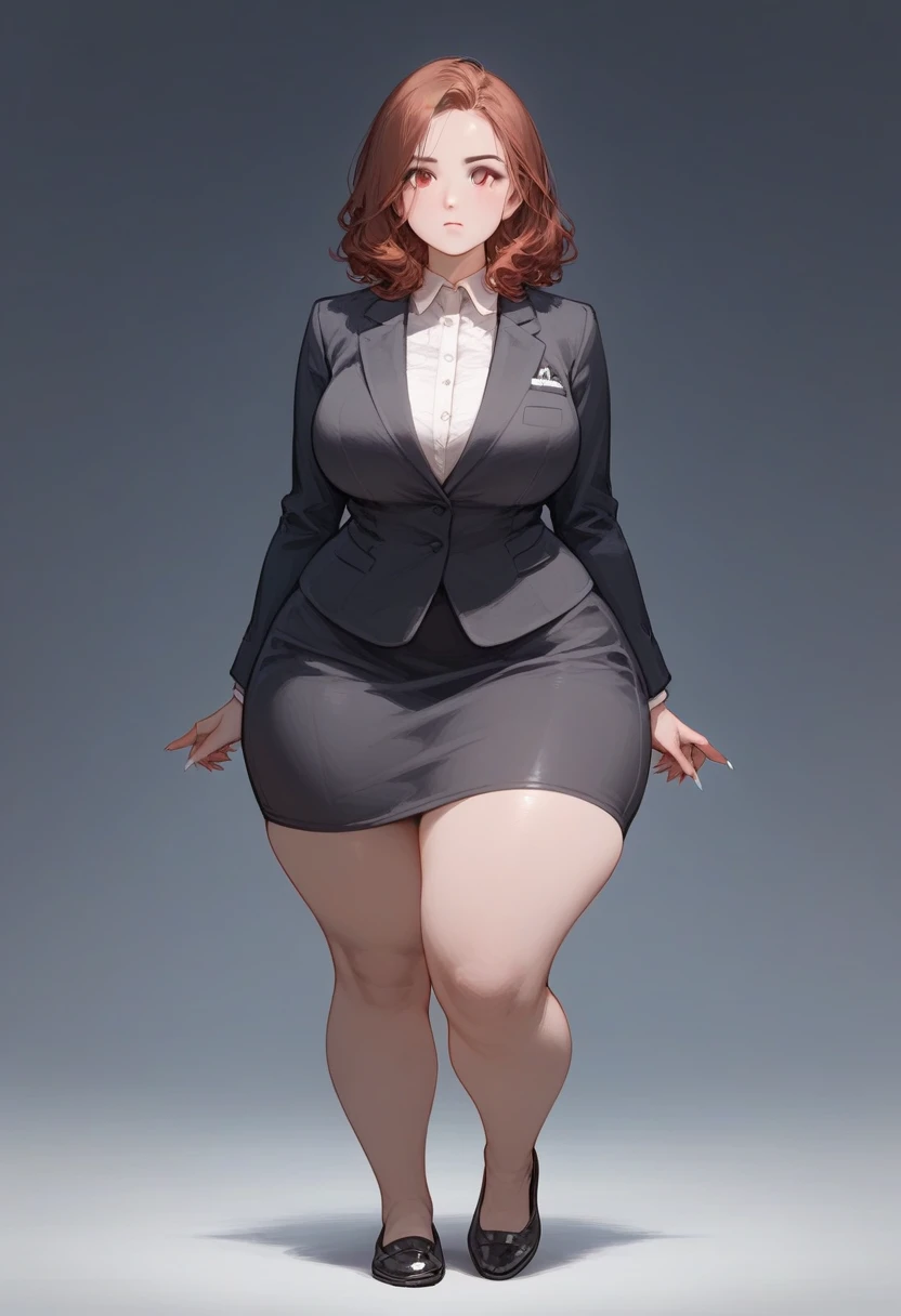 (score_9,score_8_up,score_7_up) 1lady, pale, solo, mature female, (reddish brown medium hair), wavy hairstyle, rosy cheeks, (suit), tight black blazer, (tight pencil_skirt), blank expression, pale, ((thick thighs)) ((flatshoes, black footwear)) ((wide hips)) standing upright, full body shown, busty, thick legs, thick thighs, massive thighs, big soft thighs, thick thighs pressed together, hourglass bodyfigure, staring at camera, facing forward, long fingernails, clear nail polish detailed face, staring, detailed hands, realistic