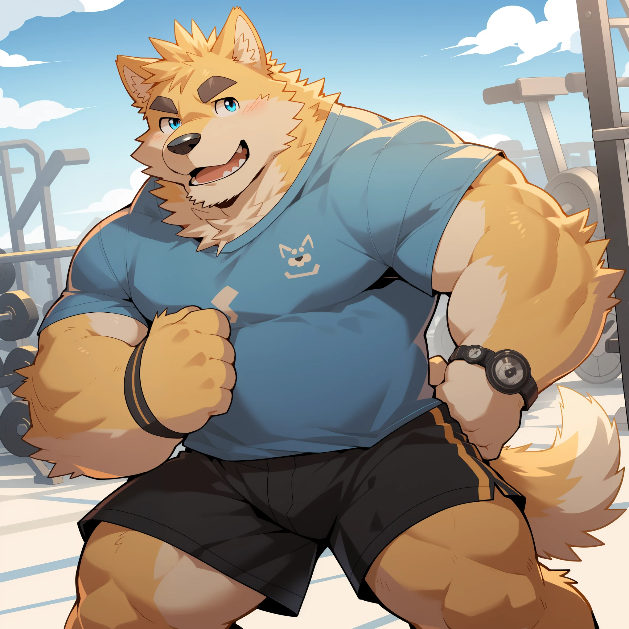 Scribble 金毛巡回dog face,Humanity(dog),(White short sleeve:1.3),Muscular,(Black eyebrows:1.1),(Perfect eyes),Yellow fur，（artist:Takemoto Arashi），Gym background，Wolf Tail，（Black shorts:1.3）。