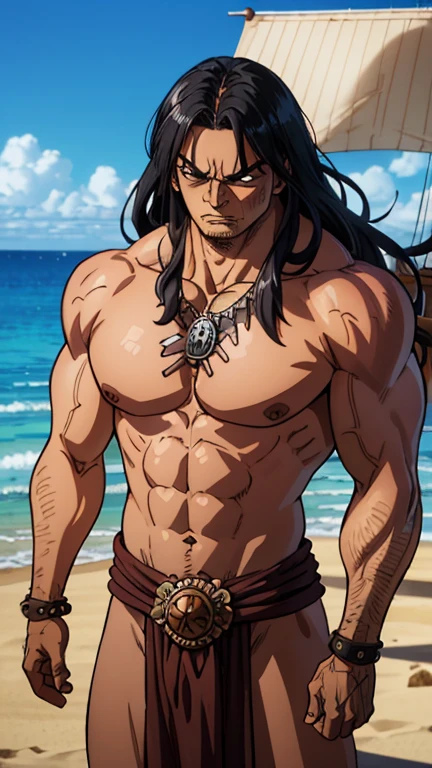 (Conan the Barbarian), (extremely detailed CG unit 8k wallpaper),(master part), (best quality), (ultra detail), (best illustration),(One Piece Style), cowboy shot, (Sharp eyeliner, ombre, detailed eyes:1),Beach, pirate ship, break , upper body