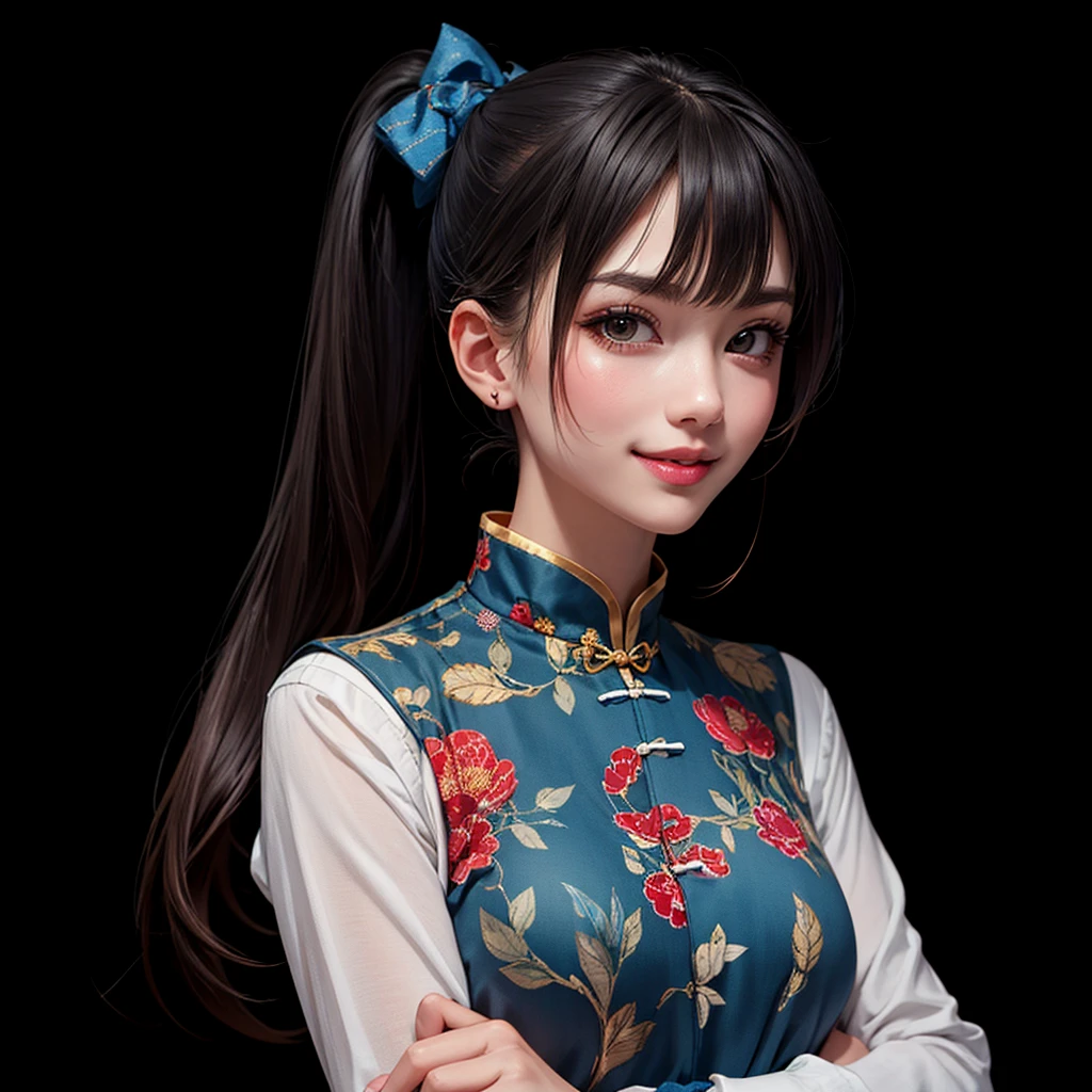 Masterpiece, Top Quality, Best Quality A 27 year old girl, mature, top quality, best quality, 1 girl, smiling, happy, solo, crossed arms, dress, white background, black hair, long hair, looking at the audience, simple background, Chinese clothing, long sleeves, chest, Chinese dress, bow, denim lens, bow, side ponytail, separated lips, print, bangs, ponytail, blue bow, standing, lips, side seam, medium bust, white shirt, shirt, belt, female focus, hold, standing, looking at the audience, shut up, simple background, solid color background,