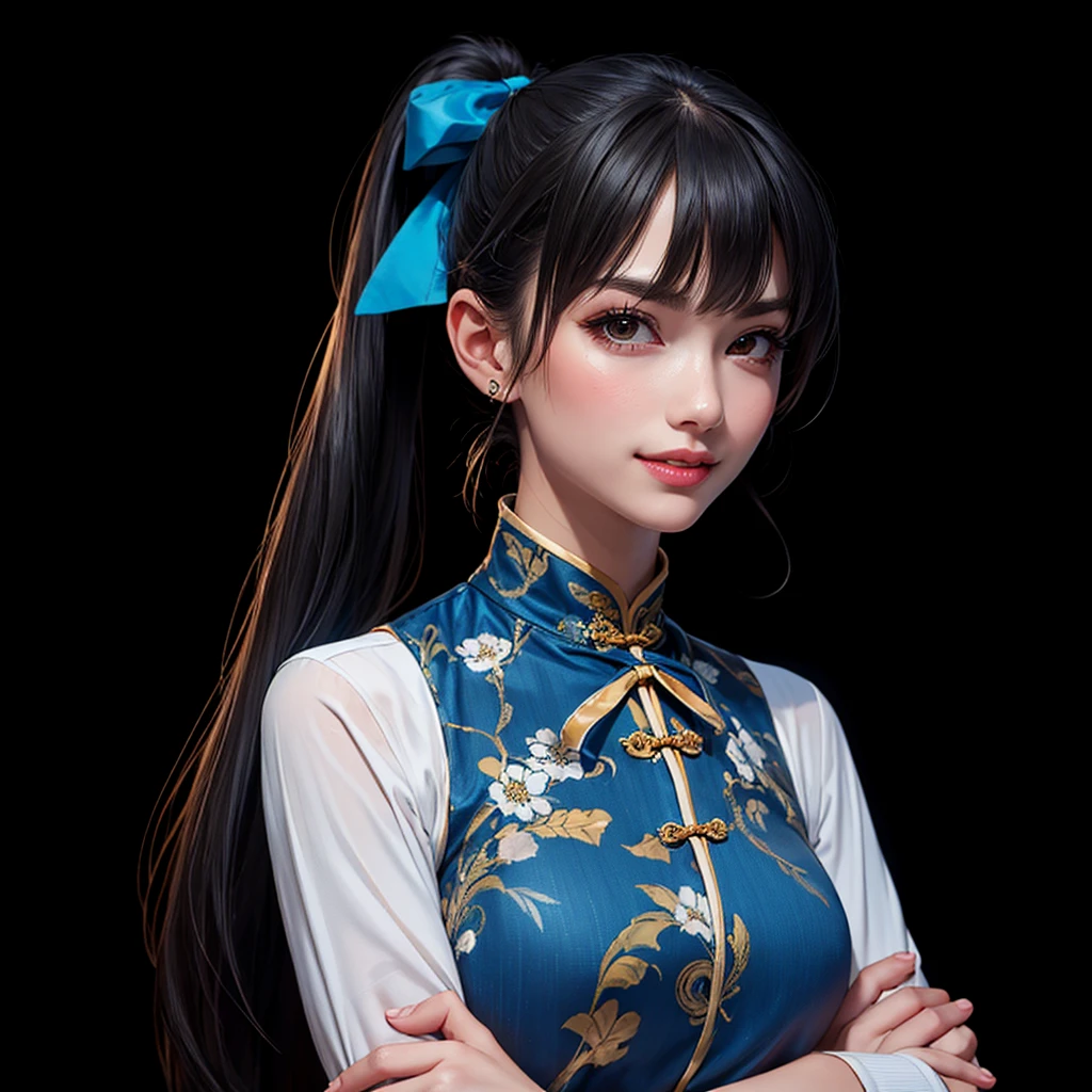 Masterpiece, Top Quality, Best Quality A 27 year old girl, mature, top quality, best quality, 1 girl, smiling, happy, solo, crossed arms, dress, white background, black hair, long hair, looking at the audience, simple background, Chinese clothing, long sleeves, chest, Chinese dress, bow, denim lens, bow, side ponytail, separated lips, print, bangs, ponytail, blue bow, standing, lips, side seam, medium bust, white shirt, shirt, belt, female focus, hold, standing, looking at the audience, shut up, simple background, solid color background,