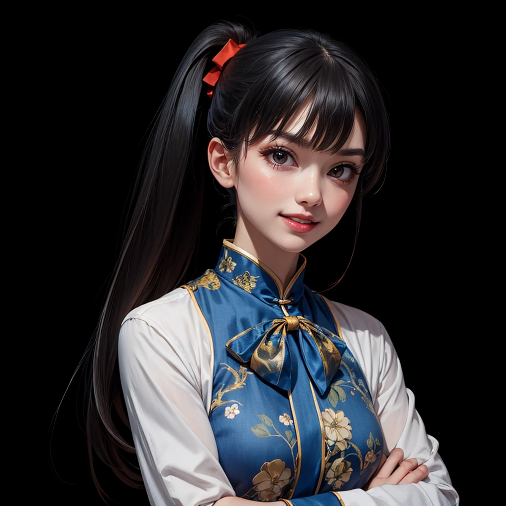 Masterpiece, Top Quality, Best Quality A 27 year old girl, mature, top quality, best quality, 1 girl, smiling, happy, solo, crossed arms, dress, white background, black hair, long hair, looking at the audience, simple background, Chinese clothing, long sleeves, chest, Chinese dress, bow, denim lens, bow, side ponytail, separated lips, print, bangs, ponytail, blue bow, standing, lips, side seam, medium bust, white shirt, shirt, belt, female focus, hold, standing, looking at the audience, shut up, simple background, solid color background,