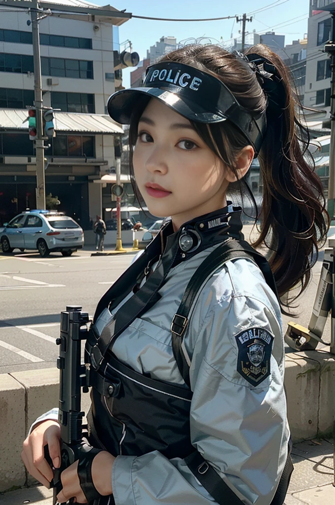 Highest image quality, outstanding details, ultra-high resolution, (realism: 1.4), (cowboy shot, from side view, looking at another), the best illustration, favor details, highly condensed 1girl, with a delicate and beautiful face, vigilance, ((holding a gun at the ready)), ponytail, captain, (wearing racing suit likes police uniform, black and gray mecha, wearing a visor, military harness, attached grenades, bring a machinegun), background city view