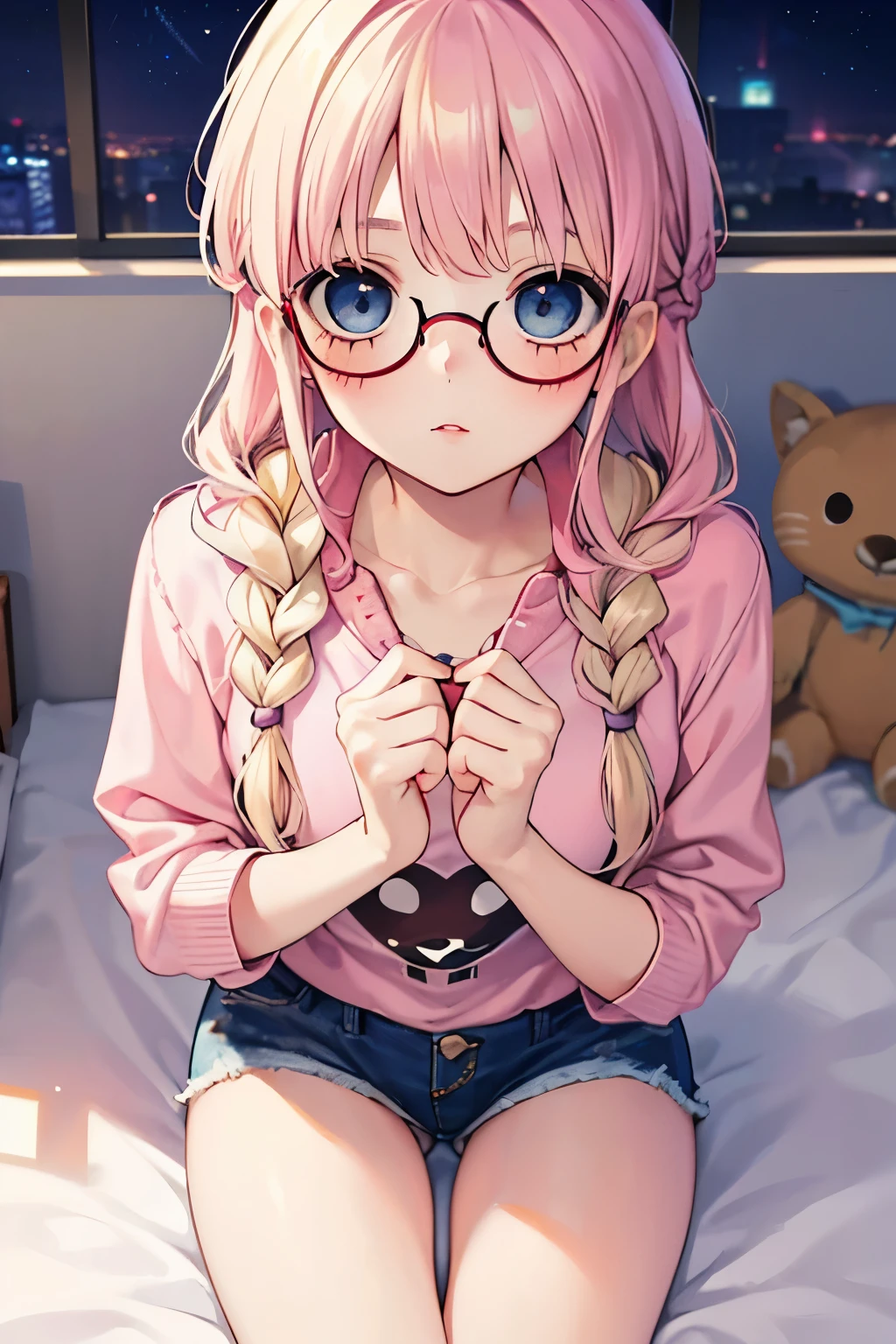 LightBlue Eyes,Very thin thighs,Summer clothes, highest quality,((Blonde girl)),(braid hair:1.1),red cheek),Glasses,close-up Face,kiss face,(💌:1.2),(Confession:1.2),(pink bed room:1.2),(Magazine cover:1.1),((🔞:1.2)).
