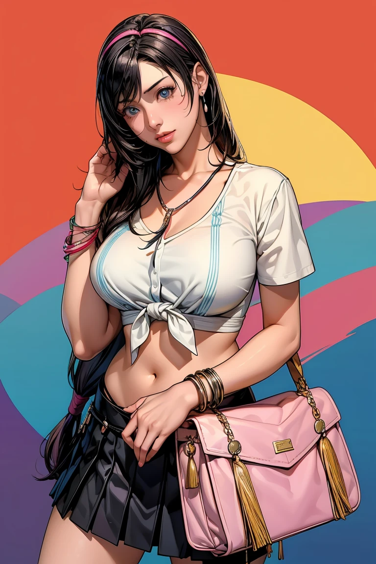 masterpiece, Highest quality, Maya Kumashiro, Tifa, alone, chest, chestの谷間, Long Hair, White headband, Parted bangs, blue eyes, View your viewers, Sweat, large chest, Collared shirt, tie shirt, Pleated skirt, flashyな修正, Happy, flashy,Too many accessories, colorful , Kogal, Kogal gyaru, necklace, Earrings, bracelet, Good handbag, belly button, abdomen, (compensate)