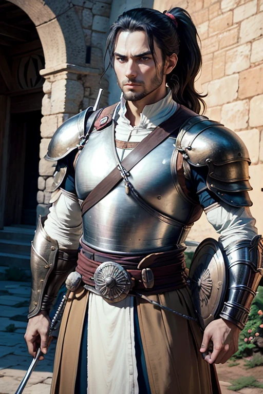 30 year old man, ponytail hair, greeneyes, serious expression, muscled body, trajes de gladiador, holding an epée, medieval village.