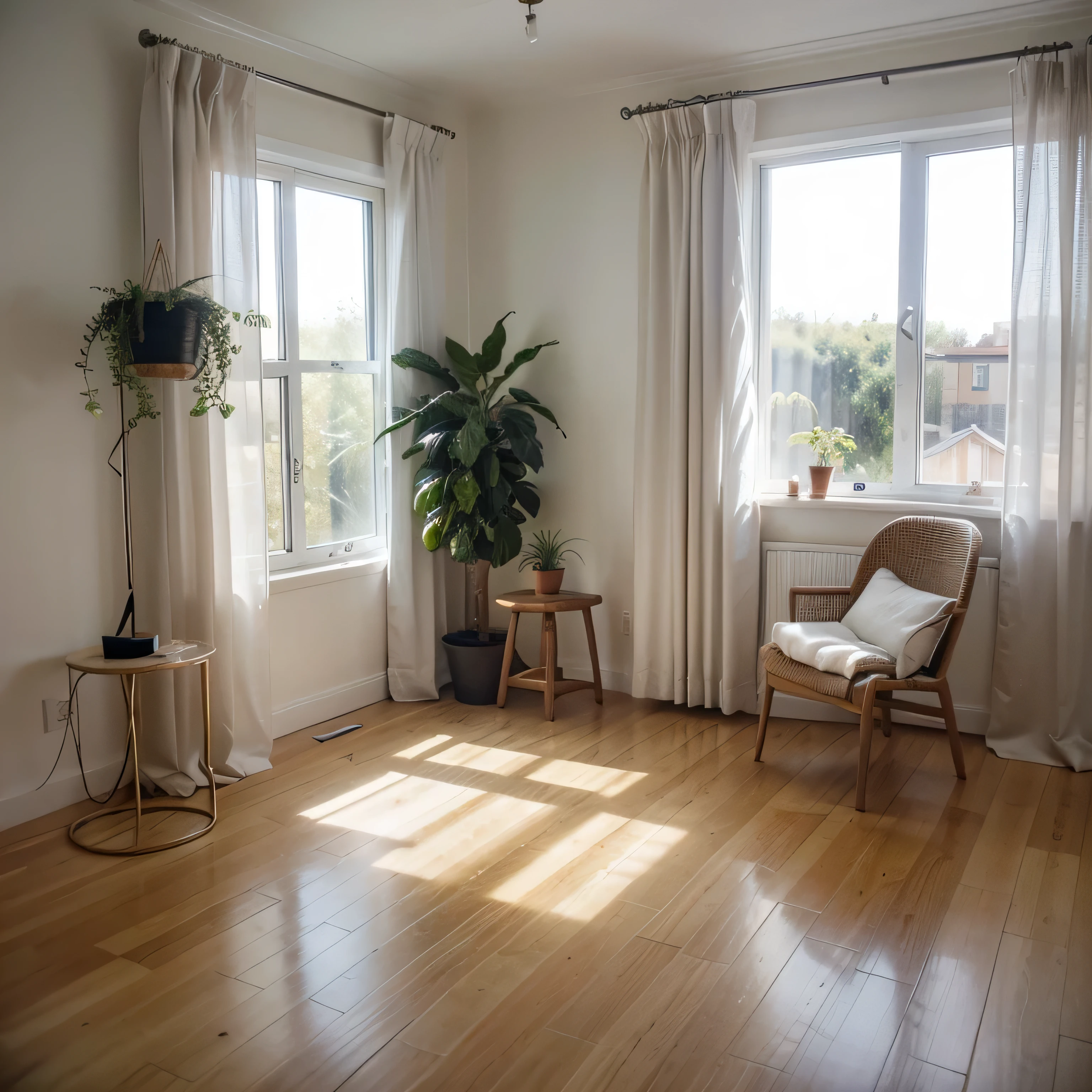 A corner of the indoor floor-to-ceiling window,Floor-to-ceiling screens,White curtains swaying in the wind,Warm and comfortable,Modern style,Natural light shines in,Hyper-realistic scenes,There is a large green plant in the corner.,Top view