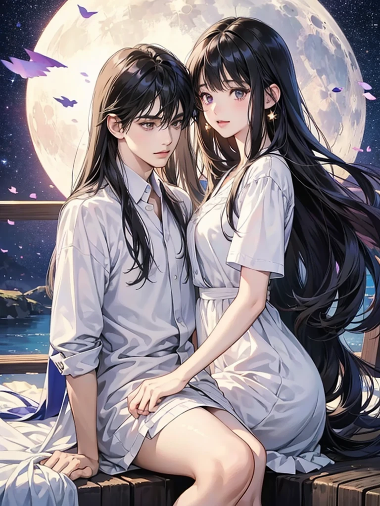 Couple, A beautiful woman with long hair wearing a white shirt, cute anime-style face, realistic anime girl, Chisato, black hair with bangs, Kurumi, cute and delicate face, young cute pale Asian face, Sakimichan, midday moon and stars in the sky, female, Realistic anime boy, A handsome boy in a white shirt, girl sitting in boy's arms, Smiling at the camera, Raising a cat
