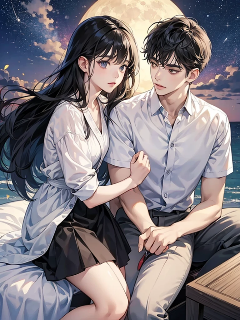 Couple, A beautiful woman with long hair wearing a white shirt, cute anime-style face, realistic anime girl, Chisato, black hair with bangs, Kurumi, cute and delicate face, young cute pale Asian face, Sakimichan, midday moon and stars in the sky, female, Realistic anime boy, A handsome boy in a white shirt, girl sitting in boy&#39;s arms, Smiling at the camera, Raising a cat