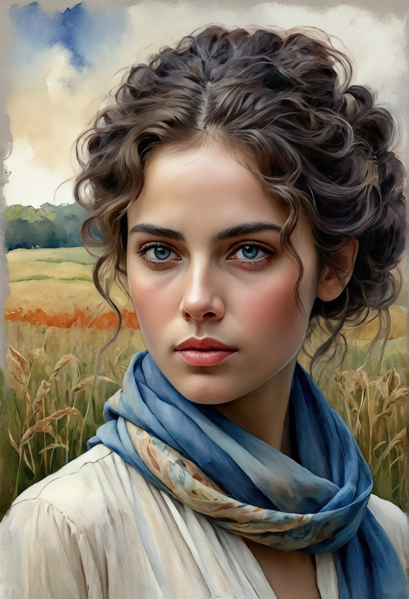 Create a detailed, frontal digital illustration of a woman (standing) in the field, with striking and expressive features, in a style that mixes realism and watercolor. The woman must have penetrating and bright eyes, with an intense and direct gaze. She must have dark, curly hair that frames her face in a natural and elegant way. Adorn your head with a multicolored scarf, predominantly in soft shades of blue and beige, that wraps around your hair and falls gracefully over your locks.