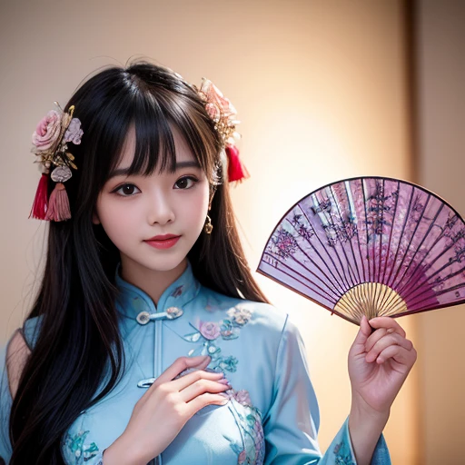 best quality, Delicate face，beautiful visual work, lifelike, eternity, black hair, Long curly hair, blunt bangs, Smile, 在flower园里, flower, Detailed Background, Delicate face，pink blush，cold，((masterpiece))、(top quality)、8k、high detail、Super detailed，21 years old female，Wearing Chinese cheongsam、Seductive and whimsical style、masterpiece、born、Scenes resembling fairy tale illustrations、intricate details和複雜的設計、Beautifully、magic、capricious、 Beautifully、Dream aesthetics、「𝓡𝓸𝓶𝓪𝓷𝓽𝓲𝓬、ethereal、charming、fickle、magic」、realism、Visual effects、FXAA、SSAO、Shader、voiceless、ambient lighting、Tone mapping、High resolution、Ultra high quality、Million pixels、(8K resolution:1.10)、8k、8k以下、8K resolution、high detail、intricate details， (high quality:1.2、masterpiece:1.2、:1.21)、(21 years old female:1.21)、(興奮地Smile)、(Surrounded by a dreamy atmosphere、Model diagram，full-body shot，Normal 2 feet，Don't show your fingers，Japanese folding fan held open in front of chest
