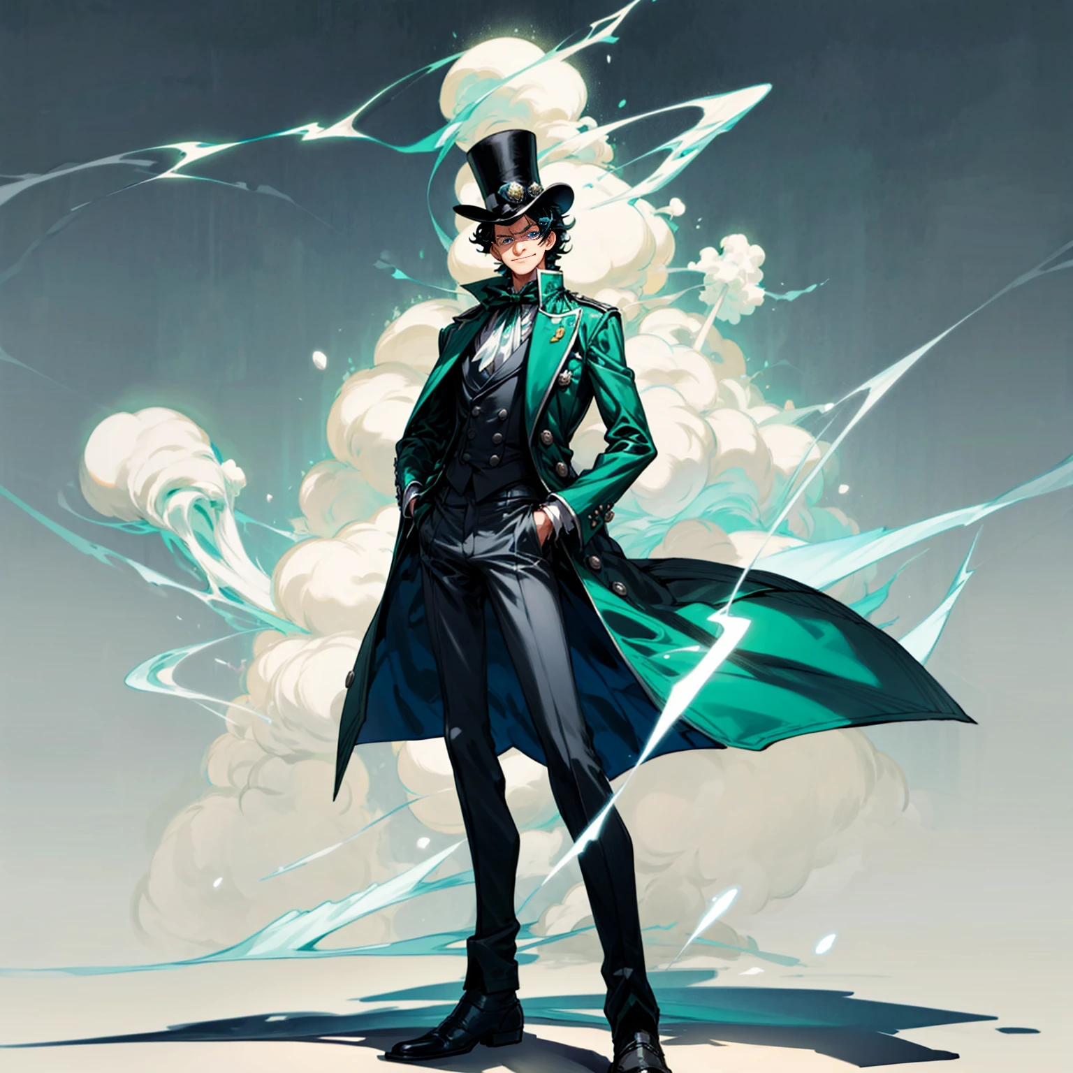 Solo character, full body version, Old man, tall height, blue eyes, green half black color hair, short Curly haircut, casual formal outfit, black pants, boots, white background, detailed shadow, standing guard gesture, sad eyes, smile mouth, top hat pendora, ice, Ice cubes, nitrogen smoke, lightning flashes,  