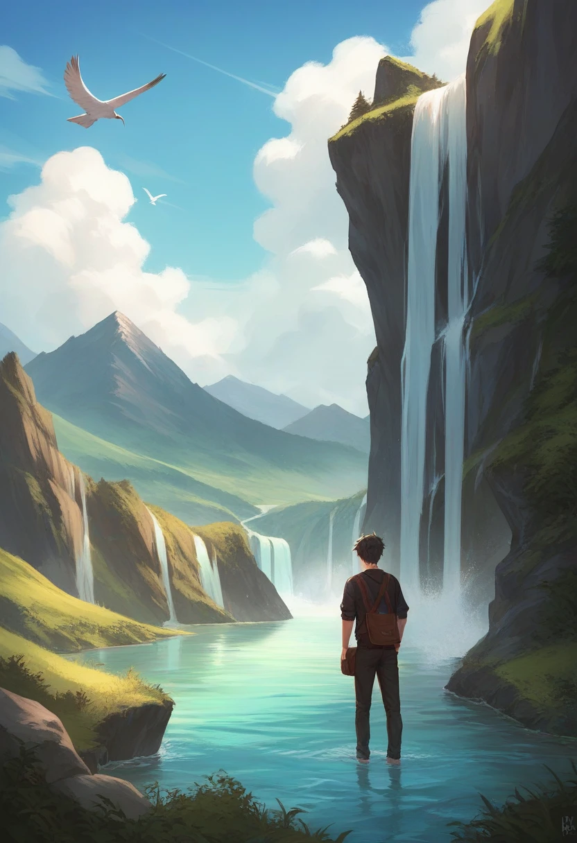 solo, short hair, 1boy, standing, male focus, outdoors, sky, day, pants, cloud, water, bag, from behind, blue sky, bird, scenery, mountain, fantasy, waterfall, landscape, cliff