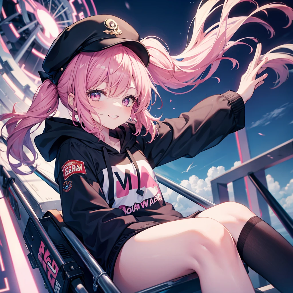 One woman,Best Influencers((Taking a selfie,High angle, wearing a black cap)) background(amusement park,Ferris wheel) Super smile,Smiling with teeth showing,V sign pink hair,Side ponytail Pink eyes,Shiny hoodie,Pink accent anime style,Japan Shining Eyes,A masterpiece Shining edges