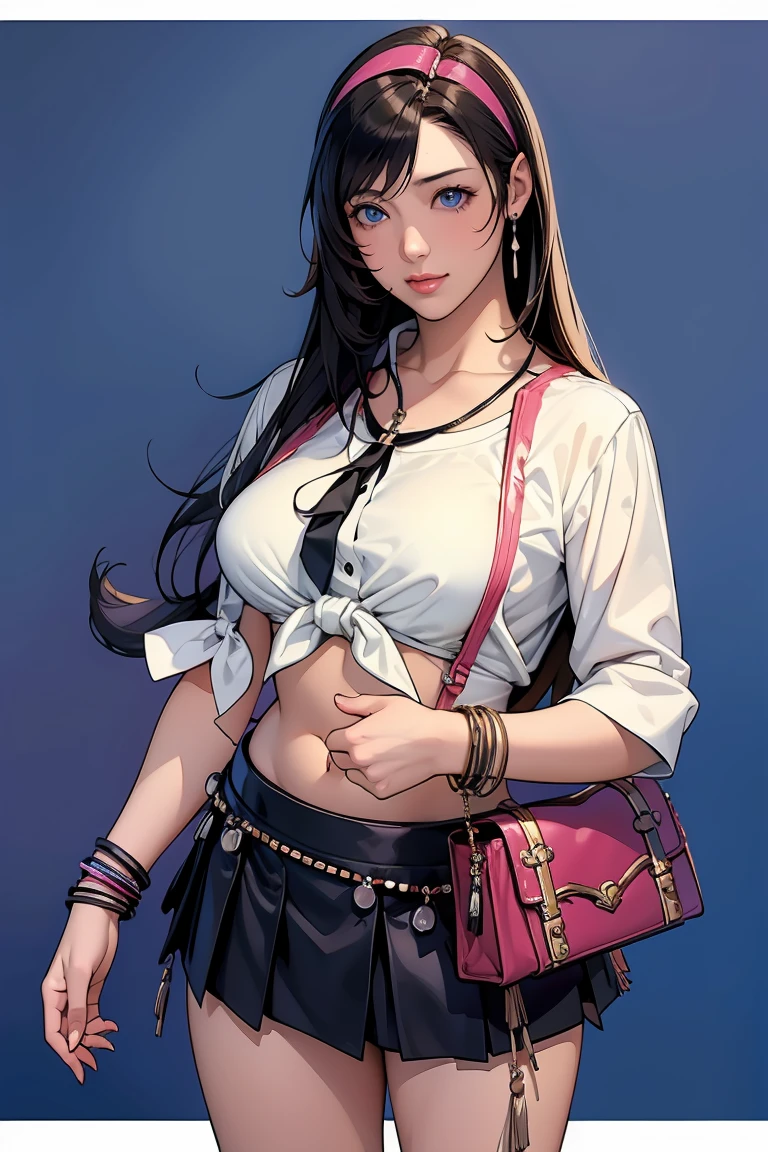 masterpiece, Highest quality, Maya Kumashiro, Tifa, alone, chest, chestの谷間, Long Hair, White headband, Parted bangs, blue eyes, View your viewers, Sweat, large chest, Collared shirt, tie shirt, Pleated skirt, flashyな修正, Happy, flashy,Too many accessories, colorful , Kogal, Kogal gyaru, necklace, Earrings, bracelet, Good handbag, belly on, abdomen, (compensate)