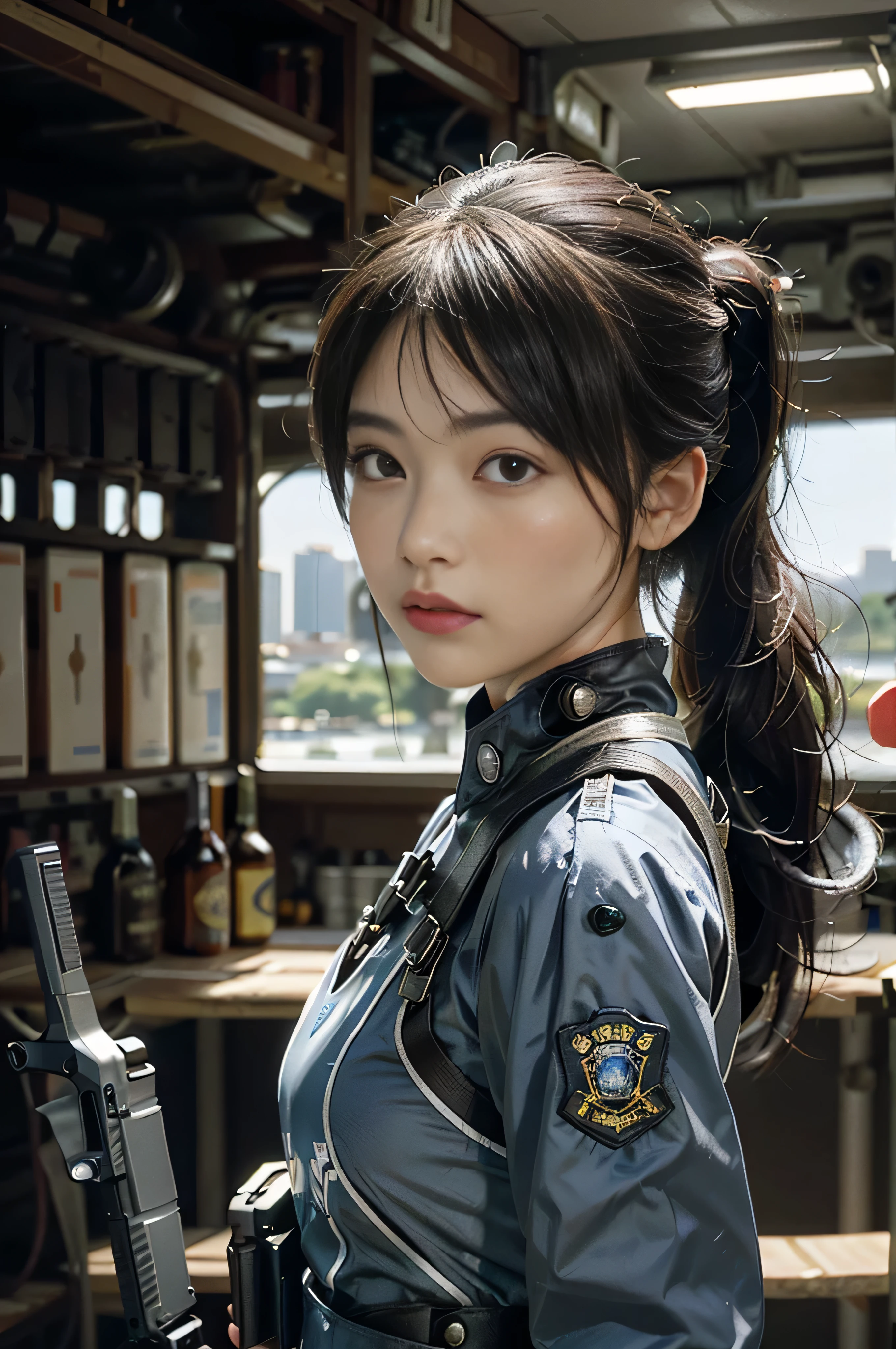 Highest image quality, outstanding details, ultra-high resolution, (realism: 1.4), (cowboy shot, from side view, looking at another), the best illustration, favor details, highly condensed 1girl, with a delicate and beautiful face, vigilance, ((holding a gun at the ready)), ponytail, captain, (wearing racing suit likes police uniform, black and gray mecha, wearing a visor, military harness, attached grenades, bring a machinegun), background city view