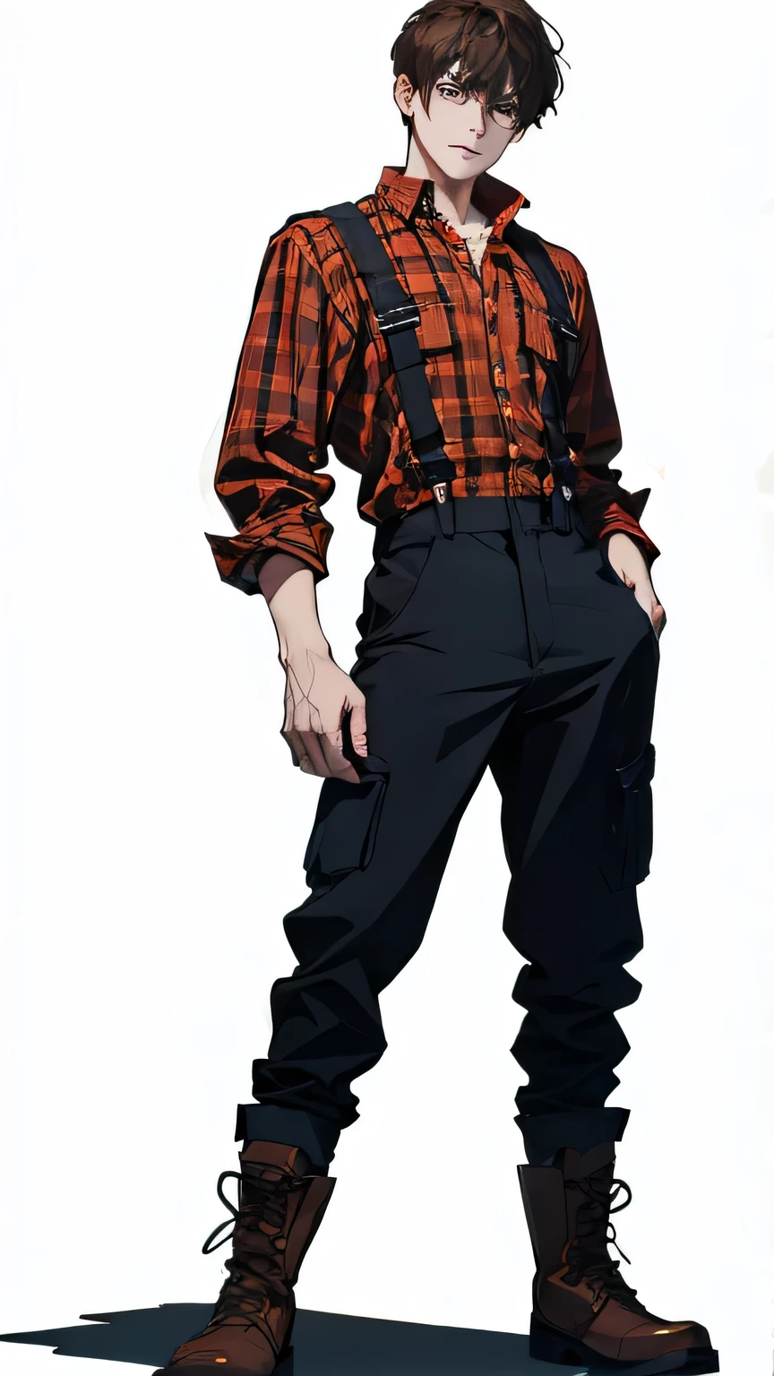 Full body, frontal,standing,(criminal - killer) , male focus , v-taper body, 29 years old , rough{cut short hairstyle, very dark brown hair,
Empty eyes, rings under the eyes, pale skin, sharp teeth} (handsome) , pretty perfect face, BREAK wearing a red and black checked flannel shirt, blue dungarees , work Boots, BREAK (masterpiece) best quality, highest detail, superior quality, natural lighting, white background