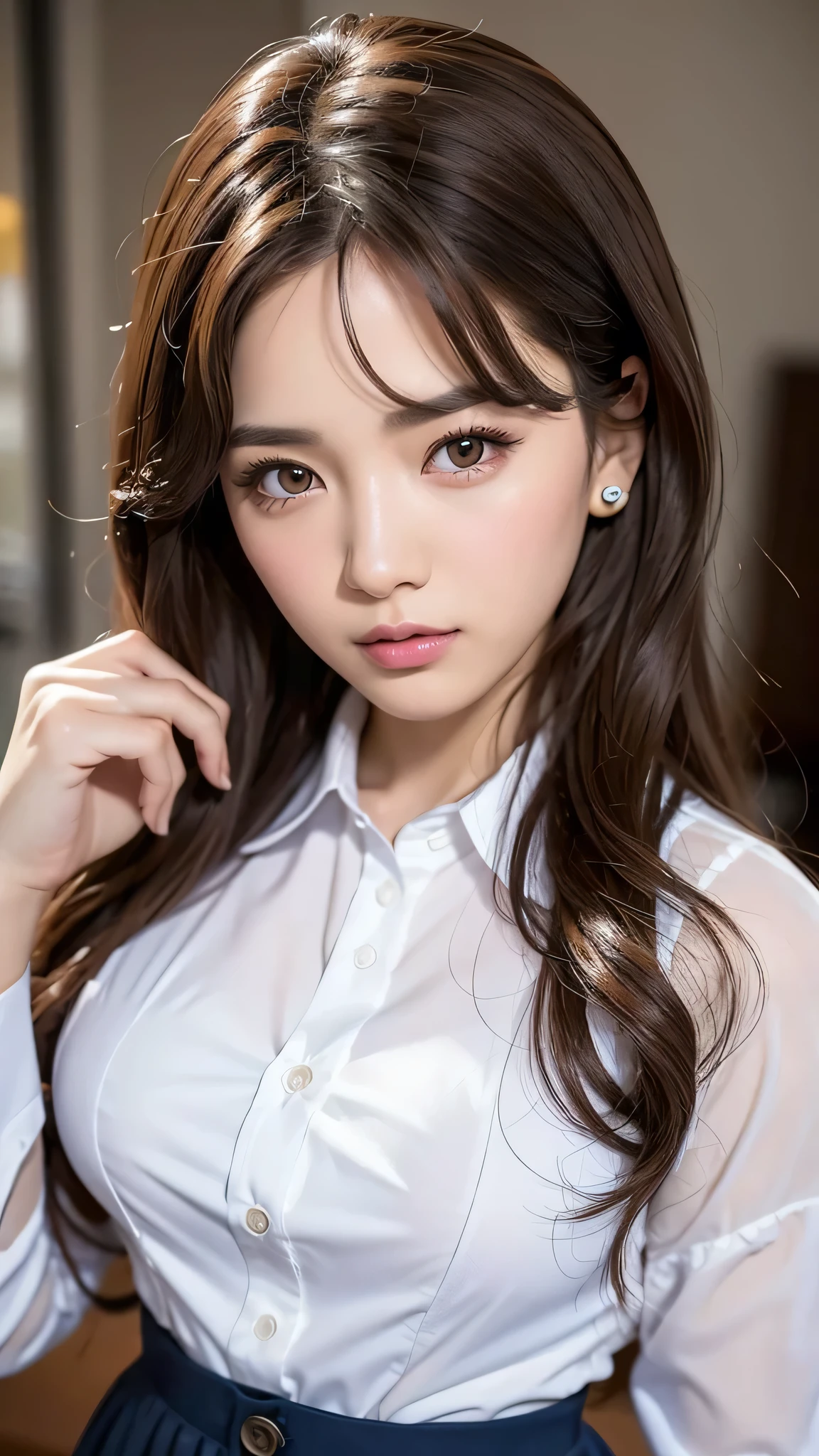 4K, (ful body)), (head to toe)), ((brown eyes)), (18 year old age girl), light brown hair color, ((big tits)), lips, realistic, (slim face), ((skinny)), charming, pink lipstick, colorful makeup, long eyelashes, wearing eyeliner, fair skin, (cute), (detailed face), detailed eyes, detailed iris, office style, ((Button off white shirt with white collar)), (mini skirt), ((ful body)), (head to toe)),
