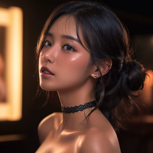 (Highest quality, 4K, 8k, High resolution, masterpiece:1.2), Very detailed, (Realistic, photoRealistic, photo-Realistic:1.37)、club、stage、Japanese、Big Breasts、(Two Girls)、Intertwined tongues、(kiss)、(Completely naked)、ear piercing、Black choker、(Hair Color:Random)、(Hairstyle:random),Shiny skin caused by lotion、Gal-style dark makeup、Oily skin、Sweaty skin、Photographed from the waist up