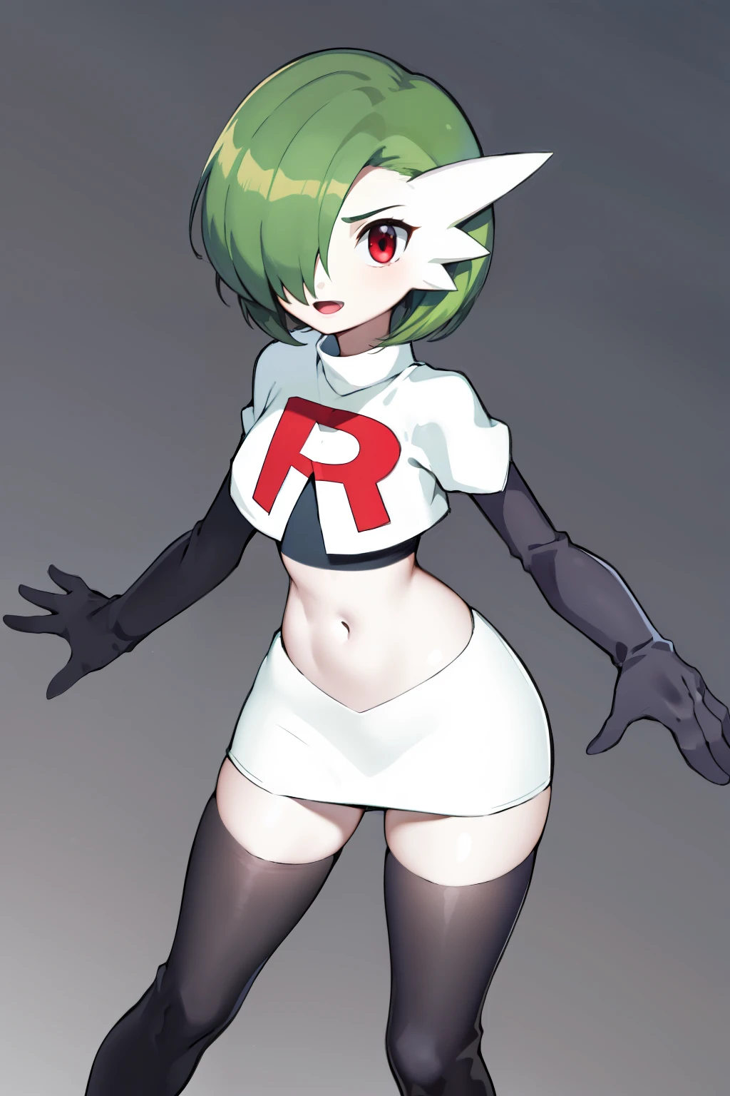 masterpiece, best_quality, 1girl, solo, gardevoir, creatures \(company\), game freak, nintendo, pokemon, pokemon \(game\), bangs, colored skin, female focus, gen 3 pokemon, green hair, green skin, hair over one eye, multicolored skin, pokemon \(creature\), red eyes, short hair, two-tone skin, white skin, team rocket,team rocket uniform,white skirt,red letter R,crop top,black thigh-highs,black elbow gloves