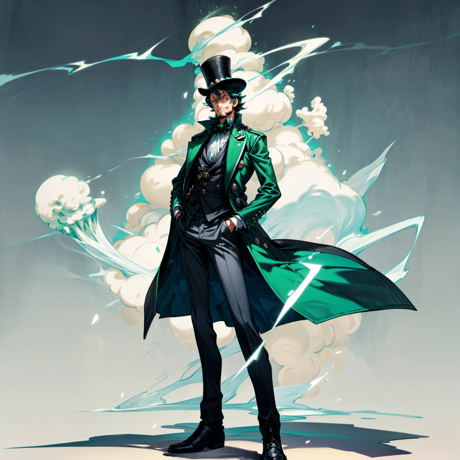 Solo character, full body version, Old man, thin beard, tall height, blue eyes, green half black color hair, short Curly haircut, casual formal outfit, black pants, boots, white background, detailed shadow, standing guard gesture, sad eyes, smile mouth, top hat pendora, ice, Ice cubes, nitrogen smoke, lightning flashes,  