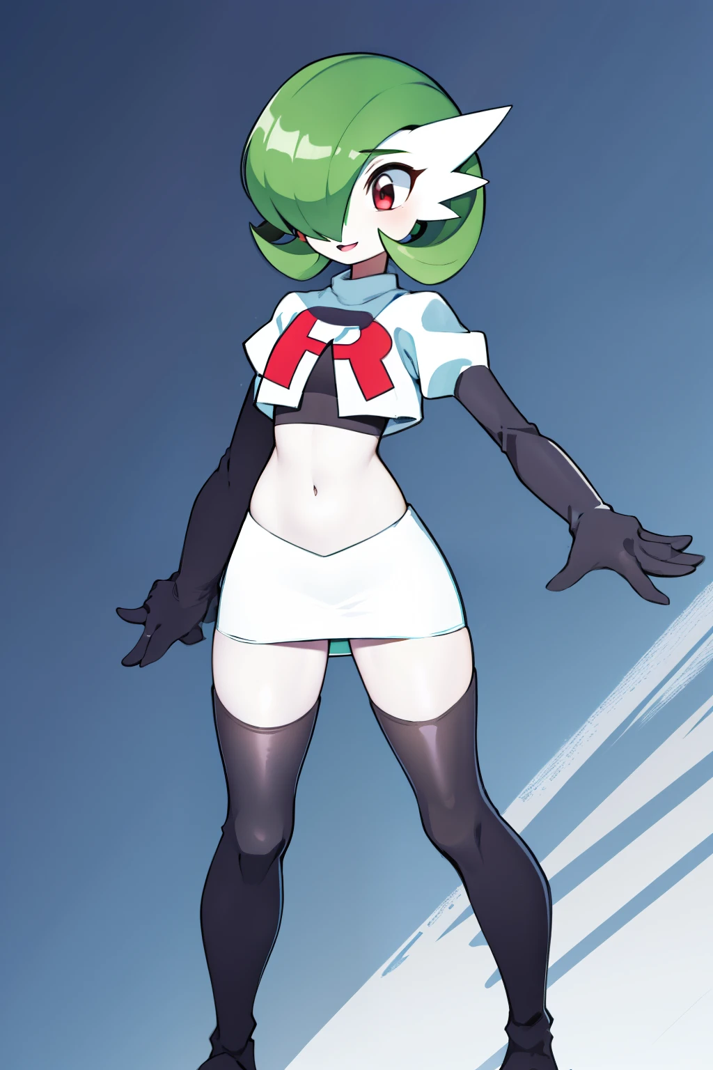 masterpiece, best_quality, 1girl, solo, gardevoir, creatures \(company\), game freak, nintendo, pokemon, pokemon \(game\), bangs, colored skin, female focus, gen 3 pokemon, green hair, green skin, hair over one eye, multicolored skin, pokemon \(creature\), red eyes, short hair, two-tone skin, white skin, team rocket,team rocket uniform,white skirt,red letter R,crop top,black thigh-highs,black elbow gloves