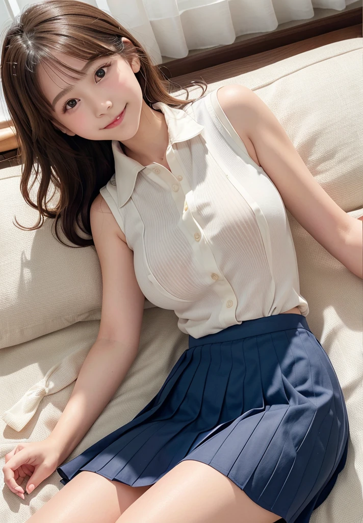 (Highest quality,masterpiece:1.3,Ultra-high resolution),(Very detailed、Caustics) (Realistic:1.4, RAW shooting、)Ultra-Realistic Capture、Very detailed、Natural skin texture、masterpiece、(A Japanese elementary school girl wearing a white, sleeveless, see-through tight shirt with a navy blue ribbon collar and buttons on the chest and a pleated skirt.:1.3), Adorable expression、Expressions of happiness、、height: 145cm、Baby Face、Amazingly cute、Curly Hair、Scrunchie、Black Hair、light makeup、(Big Breasts:1.2)、Shining thighs、Background details、smile、An inviting gaze、Anatomically correct、、Attention to detail、(Lying on her back on the sheets in a private room at a sex shop)、(Open your legs wide to the sides:1.2)、White panties are visible、(Tight shirt:1.3)、(Erect nipples:1.2)、(Flip up the skirt:1.2)、