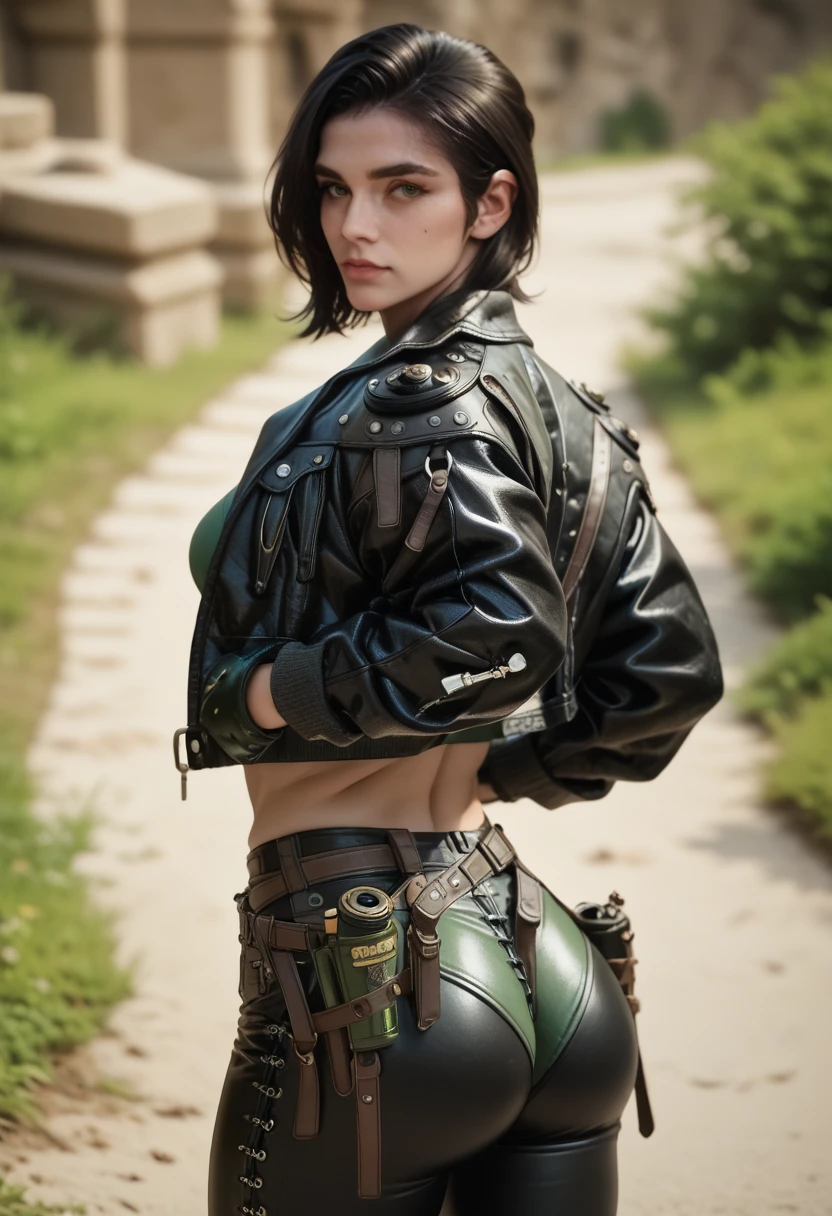 Freyna, 22 years old woman, short black hair, medium breasts, green top, black cropped jacket, black tight leather pants, tight track shorts, big ass, fit toned body, holsters, belts, front view, 