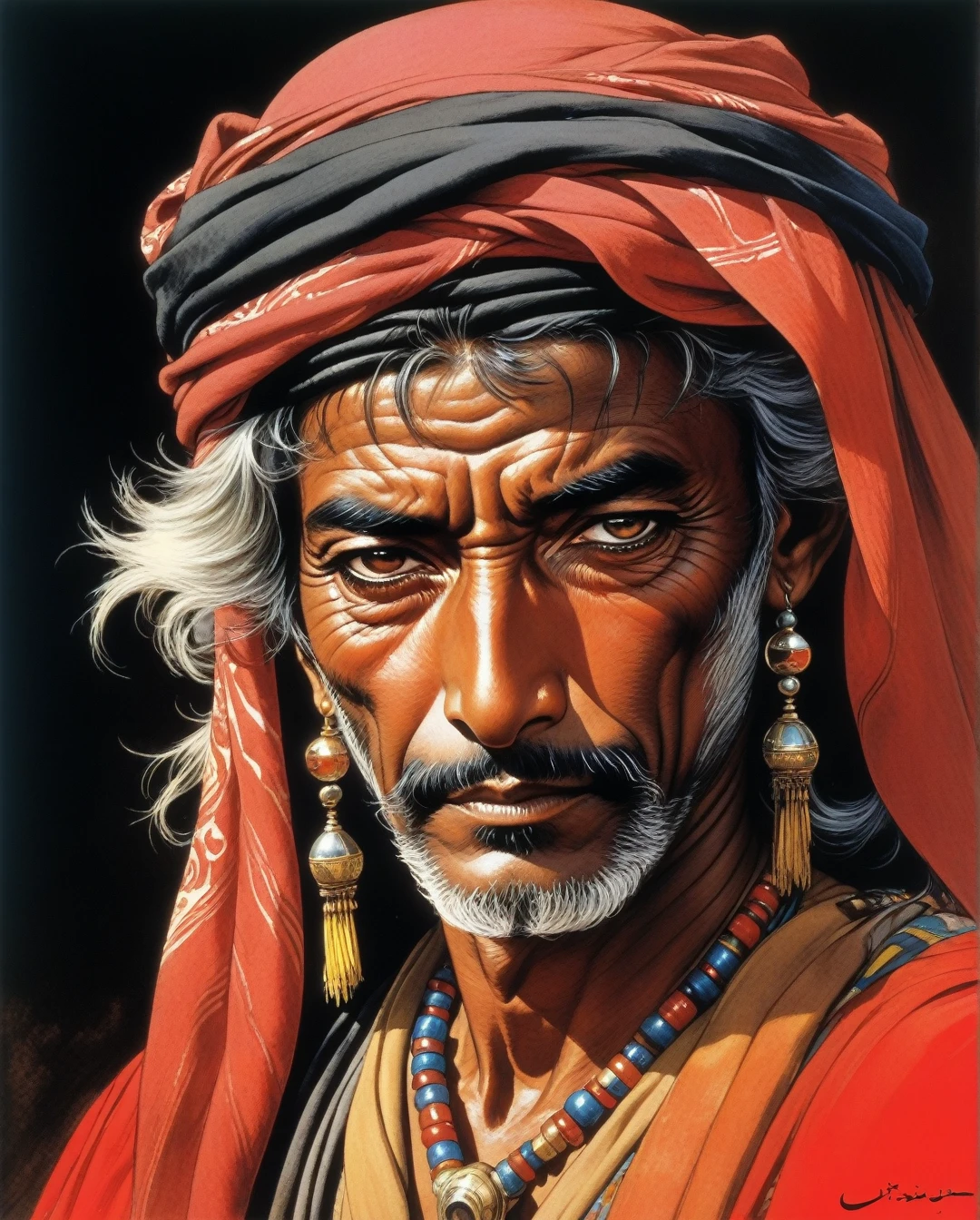 amano yoshitaka,  Art style by Noriyoshi Ohrai, Hajime Sorayama, Hiroshi Nagai, (Masterpiece, Top Quality, Super Deatail, High Resolution, Best Illustration), Logo Design, Headshot of a very old Saudi Arabian Bedouin, Duotone, Red and Black Only