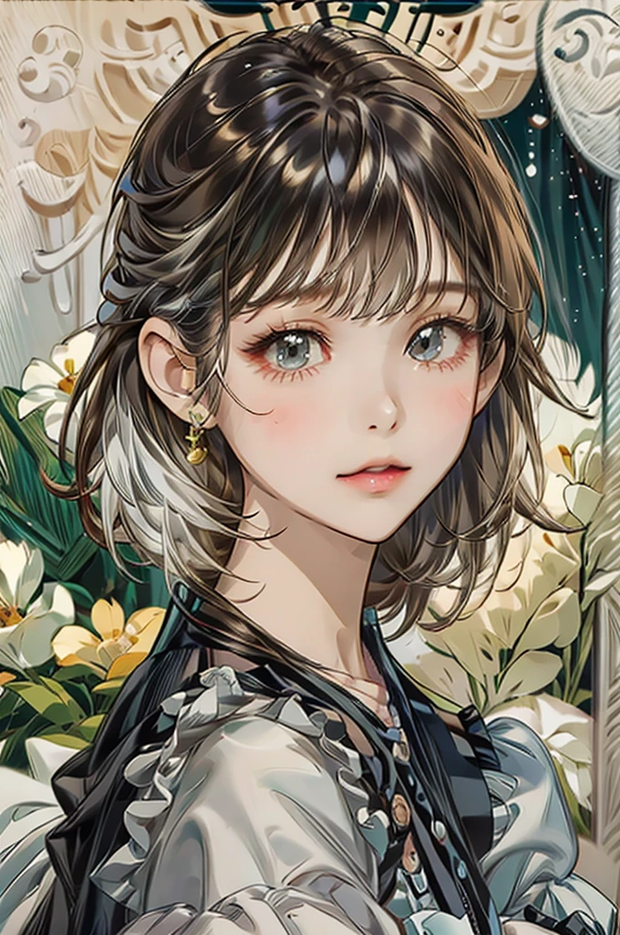 Stickers、One Girl、Background is white、Hair color is black、Illustrated、Realistic、Frilly clothes、Clothes with short sleeves、Has bangs
