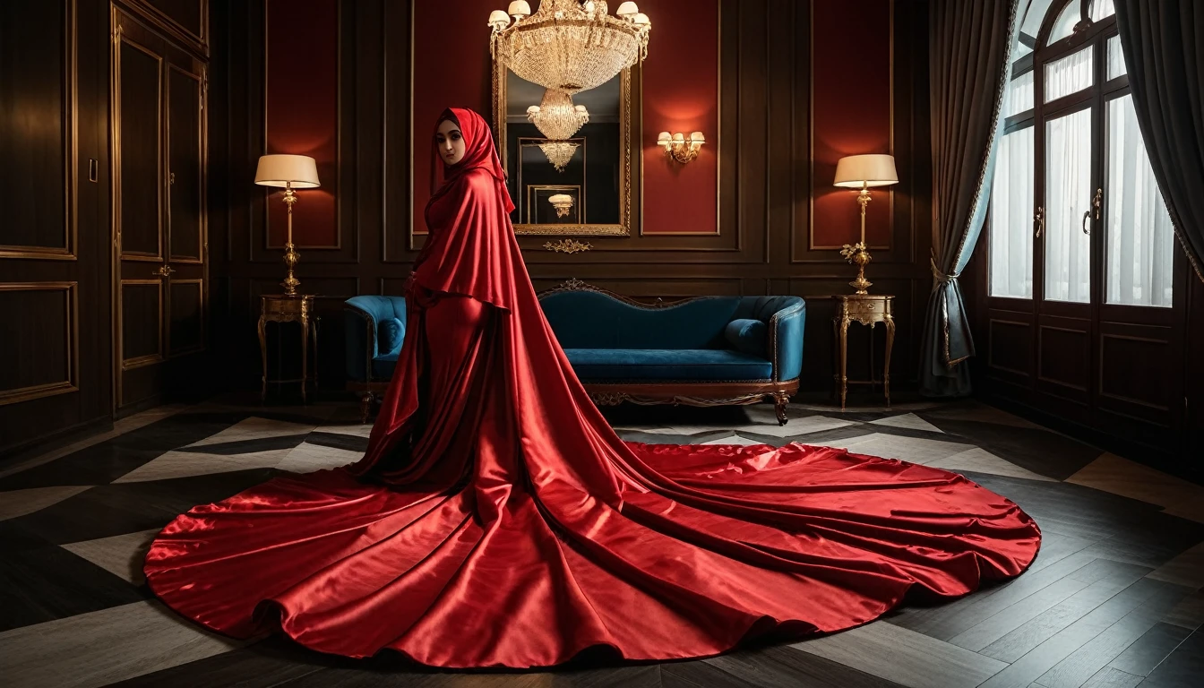 An alluring woman shrouded in a 4-meter-long, plush red satin cloth, tightly bound and grandly draping along the form of her body, flowing off into a pooled floor-length train, styled in a mermaid-inspired outfit, her head modestly veiled in a satin hijab, in a luxury hotel a full-body pose conveying a sense of mysterious elegance, captured in a 4k resolution, ultra-realistic