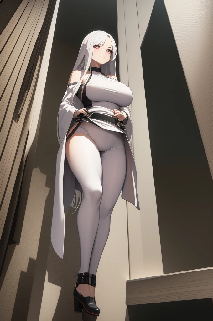 Generate an anime-style image of a woman who looks about 34 years old, has long white hair cascading down to her waist, beautiful pale skin, deep crimson eyes, of great height, measuring about 190 cm, with a slim toned body quite muscular but retaining her feminine figure with a very curvy hourglass figure with large, firm breasts, slim waist, wide hips and a large, round, firm, wide, plump butt that has a girth of 64 inches , long legs with thick and toned thighs, a mocking and smug look full of life in his eyes with a confident smile on his lips, as if he feared nothing in life, he wears a tight black short-sleeved t-shirt, pants White hakamas with a black belt tied and black shoes, she is standing on top of a building.