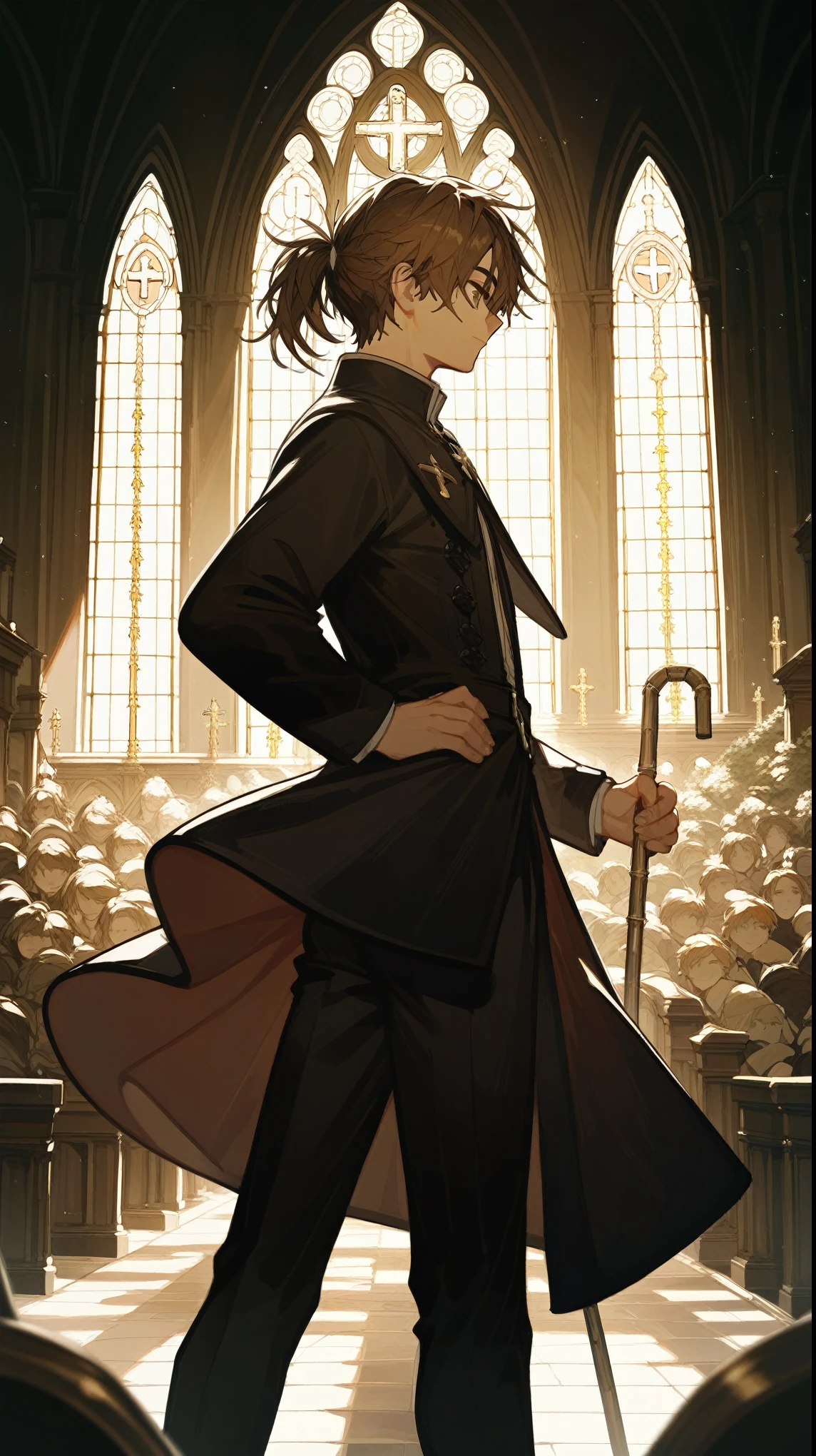 1 boy,Positive appearance,Church Background,Black and white diamond,Fr.,Cane,Short reddish-brown hair,Elongated ponytail,Messy hair,grace,Backlight
