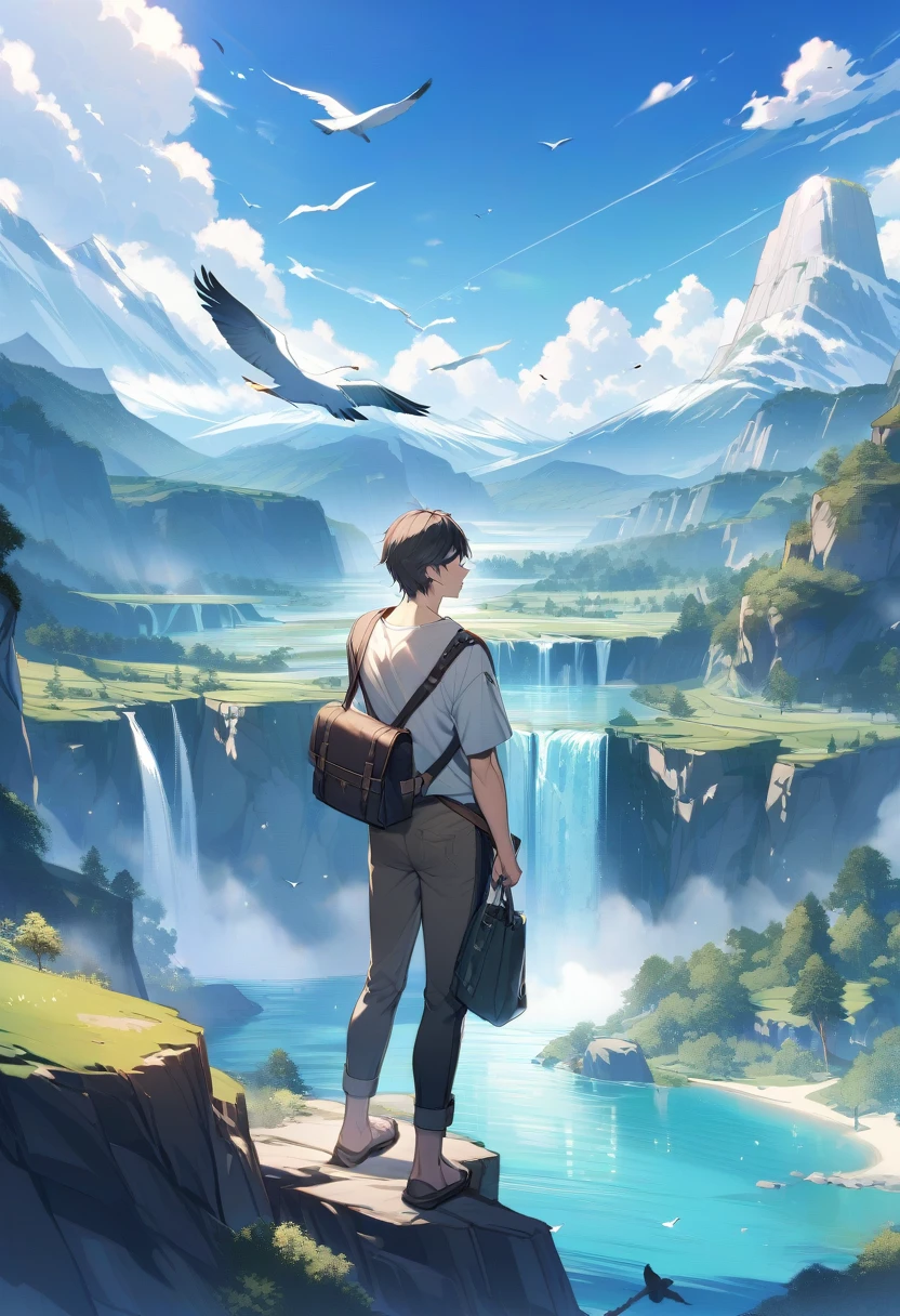 solo, short hair, 1boy, standing, male focus, outdoors, sky, day, pants, cloud, water, bag, from behind, blue sky, bird, scenery, mountain, fantasy, waterfall, landscape, cliff