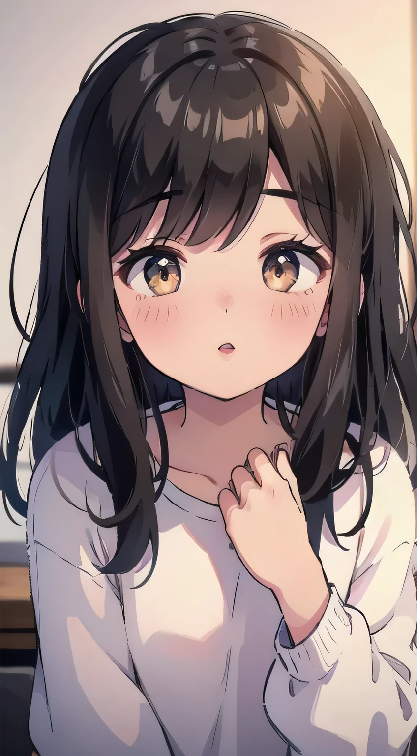 Sexy and cute woman, black brown hair, long hair, straight hair, weak eyes, blushing intensely, lips parted, ready to kiss, long oversized white shirt
