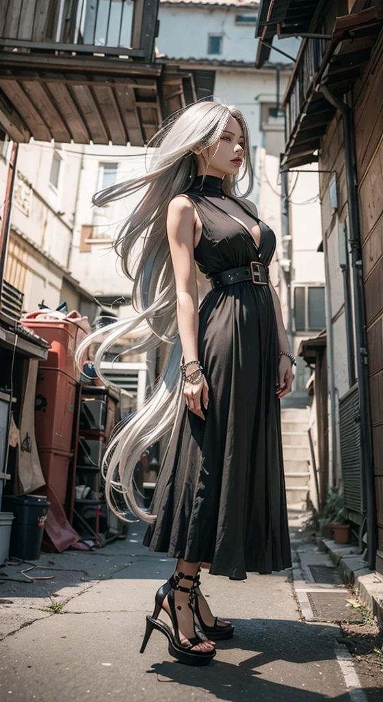 Women/The background is a dead end back alley/The background color is mainly dark/The head has long, dynamic, spiky silver hair./Full body angle//The woman's hair color is silver/Wearing a karate uniform and no bra/Wearing thong underwear/Put on a karate uniform around your shoulders/Black belt/Female Fighter/It's necessary/Tortoiseshell binding