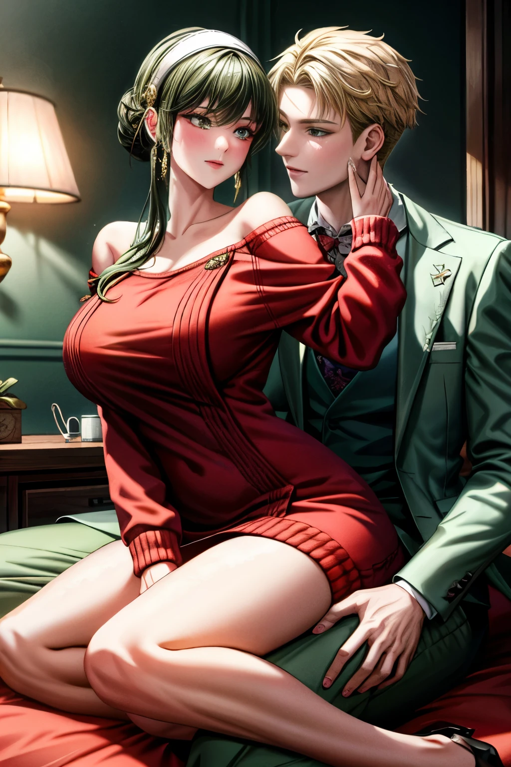 (masterpiece, best quality:1.2), high resolution, intricate details, extremely detailed, realistic and sharp details, (full body), view from above, hetero, couple,  (1girl straddling his lap, leaning forward, hairband, off shoulder red sweater minidress), ((1boy behind her, grabbing her hips, wearing light green business suit)), photo background, indoors, home, bedroom, 