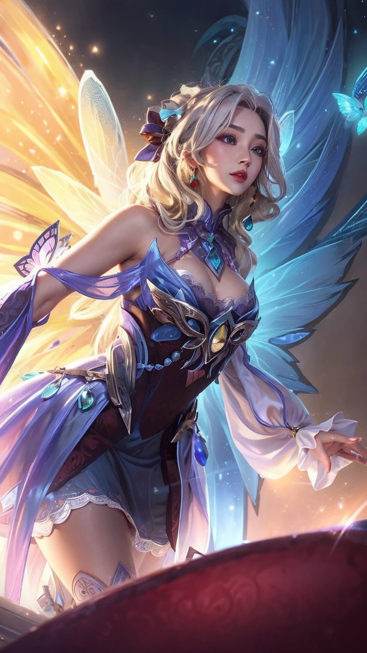 (masterpiece, best quality:1.2), intricate details, mythmaker irelia, 1girl, hair ornament, hair rings, bare shoulders, dress, detached sleeves, forehead mark, multicolored hair, white hair, earrings, green eyes, textured skin, looking at viewer, solo, light smile, (mature female:1.2)