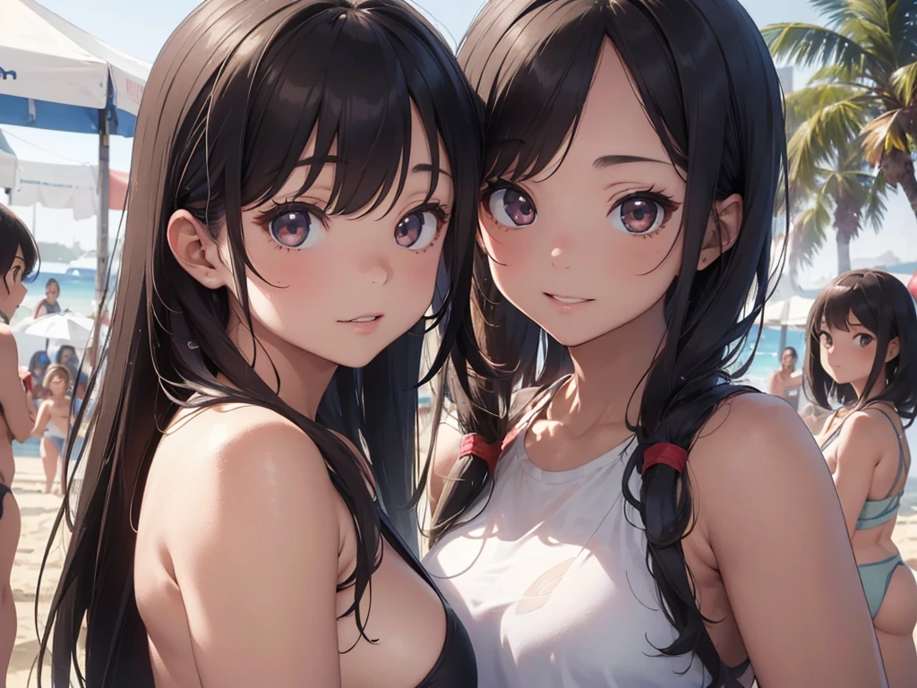 (Highest quality)), ((masterpiece)), (detailed),Perfect Face,(detailedな顔, Beautiful Face, Beautiful eyelashes),Strong light from the front,With front light,The best natural light,Daytime lighting,A group of s playing beach volleyball on the sand at a nudist beach,