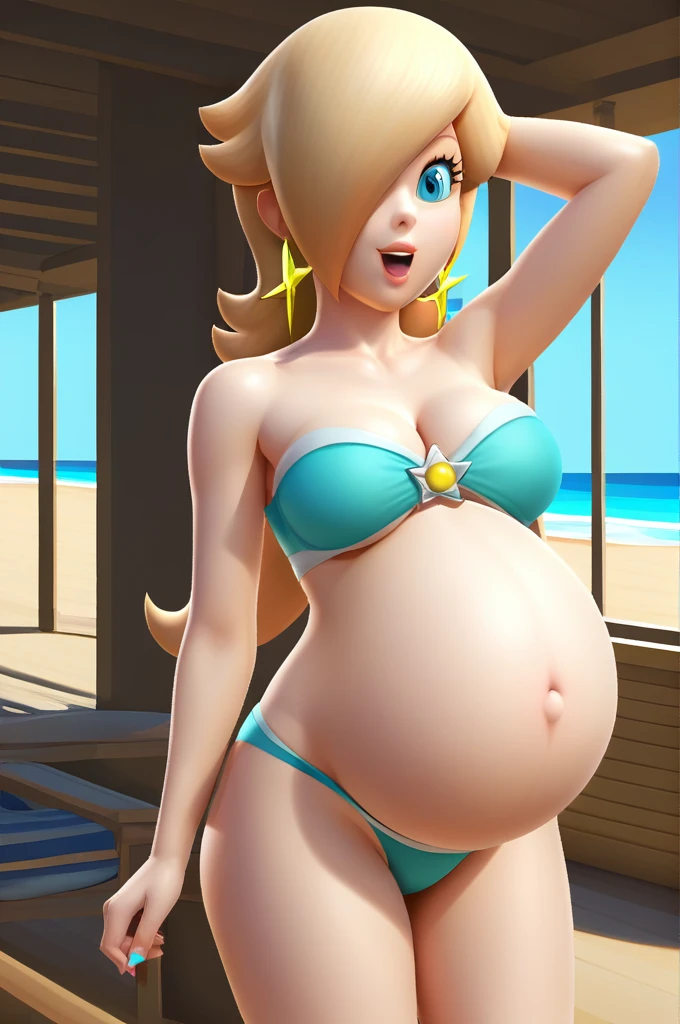 score_9, score_8_up, 1girl, solo, rosalina, style parody, thick outlines, bikini, swimsuit, pregnant belly, big belly, sleeveless, strapless, cleavage, indoors, beach, happy, showing his belly