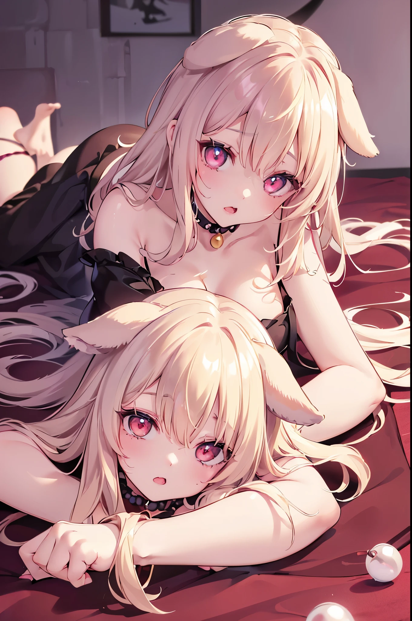 One girl、A little sexy、Blonde、Red sparkling eyes、detailed cute eyes,(glowing eyes:1.4),open mouth,((Droopy eyes))、Mole on left cheek　Medium Curl Hair、Dog ears、Lying down、Golden Room、pearls choker,sensual pose,