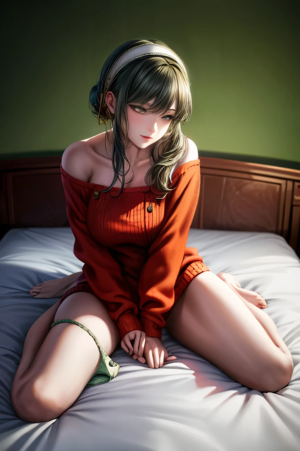 (masterpiece, best quality:1.2), high resolution, intricate details, extremely detailed, realistic and sharp details, (full body), view from above, hetero, couple, (panties around one leg:1.2), (1girl straddling his legs, hairband, off shoulder red sweater minidress), (1boy wearing light green business suit), photo background, indoors, office room, 