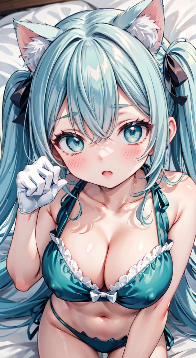 Light green,Aqua Color,Side tie panties,The ribbon is lovely, Ribbon Panties,Cats are good, Lace panties,Pink Hair,Twin tails,blush, full-face blush,masterpiece, Highest quality, (anime screencap:1.3),(shape), cute,(Simple:1), (anime:1.2),Solo Sharp Focus, 1 girl, Cleavage,Lying down,Kiss,,(Hand Paw Gloves),room,bed,(( Aqua Color,cat lingerie1.1)),Big Breasts,Beautiful breasts,Beautiful Hips,Accentuate your breasts,((pastel colour,cat lingerie))Twin tailsヘア,Sky Color,Puffy eyes,cute eyes,,(Cat ears 1.1),