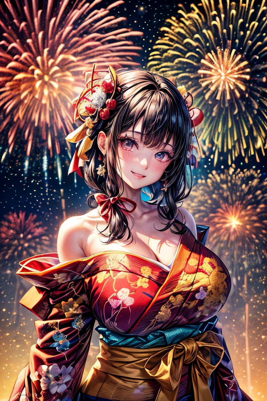 {worst quality, low-quality}, ((a closeup)), (girl with:1.2), (Big breasts), (A dark-haired, short-cut:1.3), plump shiny lips, Beautiful clear eyes, (The best smile), Spoken Heart, (perfect hand:1.2), (firework theme:1.4), (Japanese courtesan girl with:1.3), (Comes with maxi length  red kimono [yellow] Obi:1.4), (Highly detailed and colorful embroidery and fancy firework patterns :1.3), (off shoulders:1.4), (geta:1.2), (Fancy hair ornaments:1.3), ((super huge ribbon:1.2) in front of the waist:1.3), low angle shot, (dazzling fireworks light1.4), (beautiful fireworks background:1.2), masutepiece,Best Quality,ultra-detailliert, ​masterpiece,