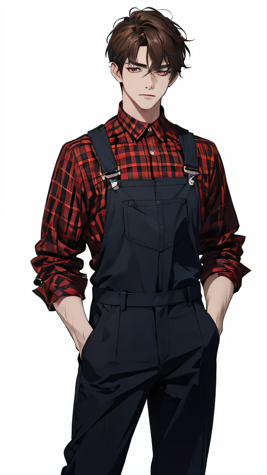 Full body, frontal,standing t-pose, killer, male focus , v-taper body, rough{cut short hairstyle, very dark brown hair,
Empty eyes, rings under the eyes, pale skin, sharp teeth} (handsome) , pretty perfect face, wearing a red and black checked flannel shirt, blue dungarees , work Boots, BREAK (masterpiece) best quality, highest detail, superior quality, natural lighting, white background