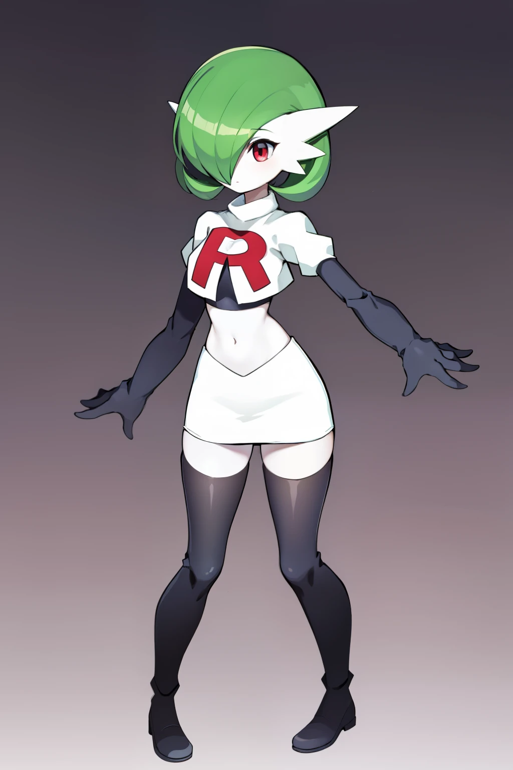 masterpiece, best_quality, 1girl, solo, gardevoir, creatures \(company\), game freak, nintendo, pokemon, pokemon \(game\), bangs, colored skin, female focus, gen 3 pokemon, green hair, green skin, hair over one eye, multicolored skin, pokemon \(creature\), red eyes, short hair, two-tone skin, white skin, team rocket,team rocket uniform,white skirt,red letter R,crop top,black thigh-highs,black elbow gloves