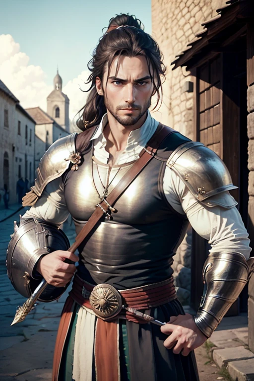 30 year old man, ponytail hair, greeneyes, serious expression, muscled body, trajes de gladiador, holding an epée, medieval village.