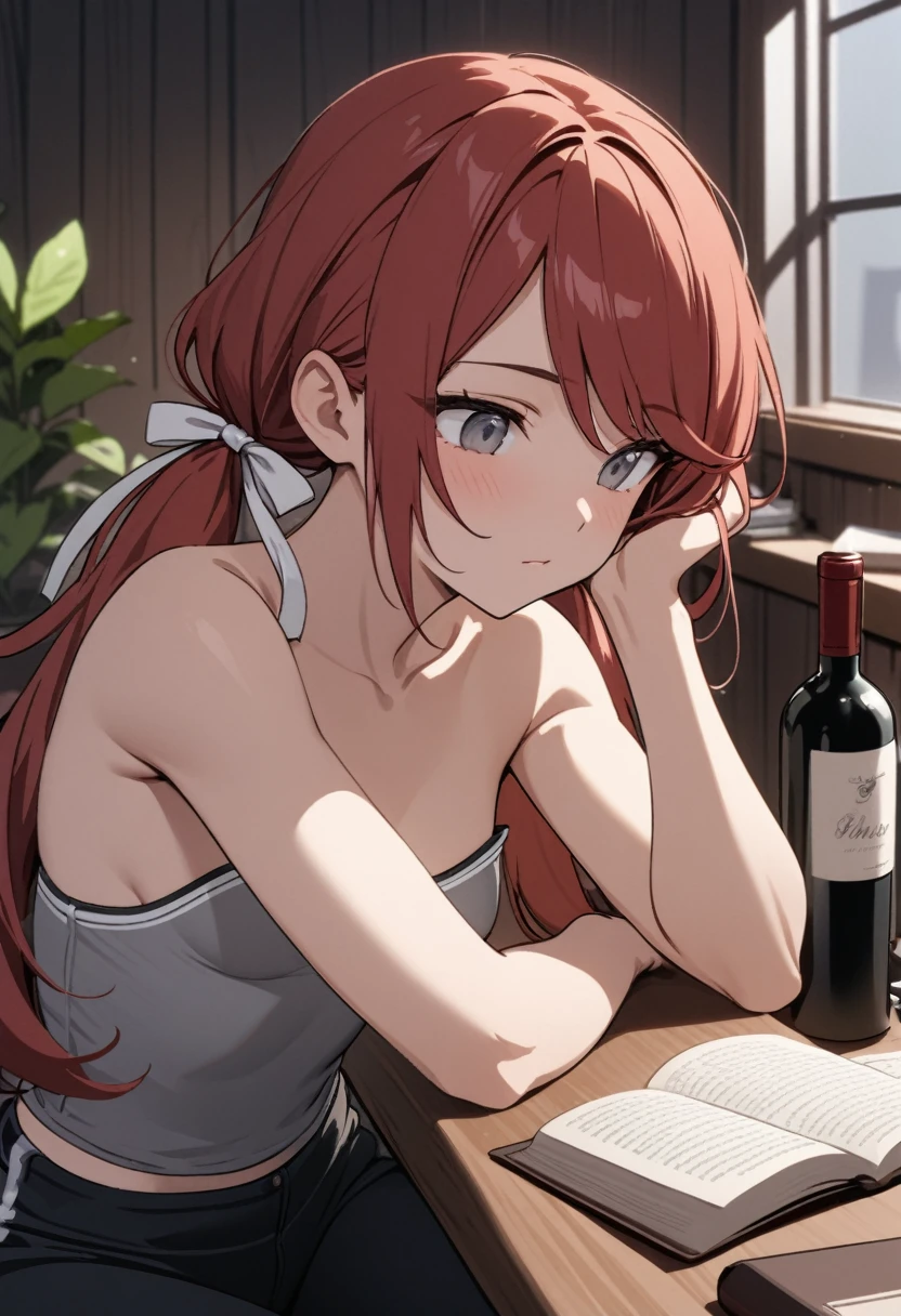 (masterpiece, best quality), stoic, girl leaning forward in chair, hand on own face, looking down at book, biceps, book, beautiful face, upper body, close up, Gray eyes, red hair, swept bangs, low twin tails, white ribbons, gray strapless shirt with white trim, black jeans, small breasts, toned arms, night, wine bottle, glass, sitting on chair in front of desk, wooden walls, lone window, table with cloth, potted plants,
