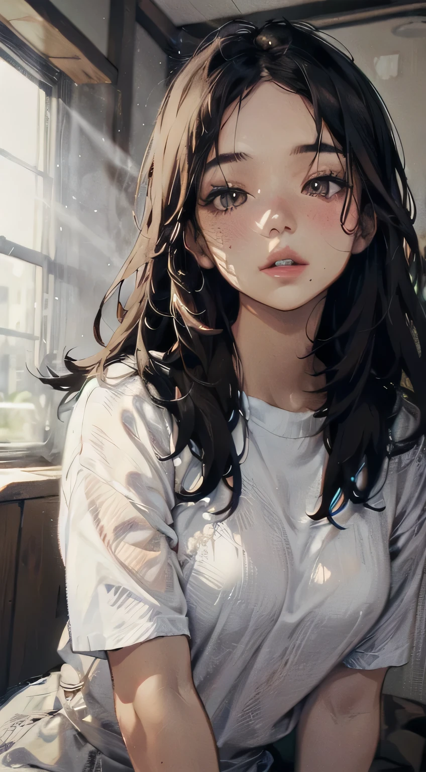 Sexy and cute woman, black brown hair, long hair, straight hair, weak eyes, blushing intensely, lips parted, ready to kiss, long oversized white shirt