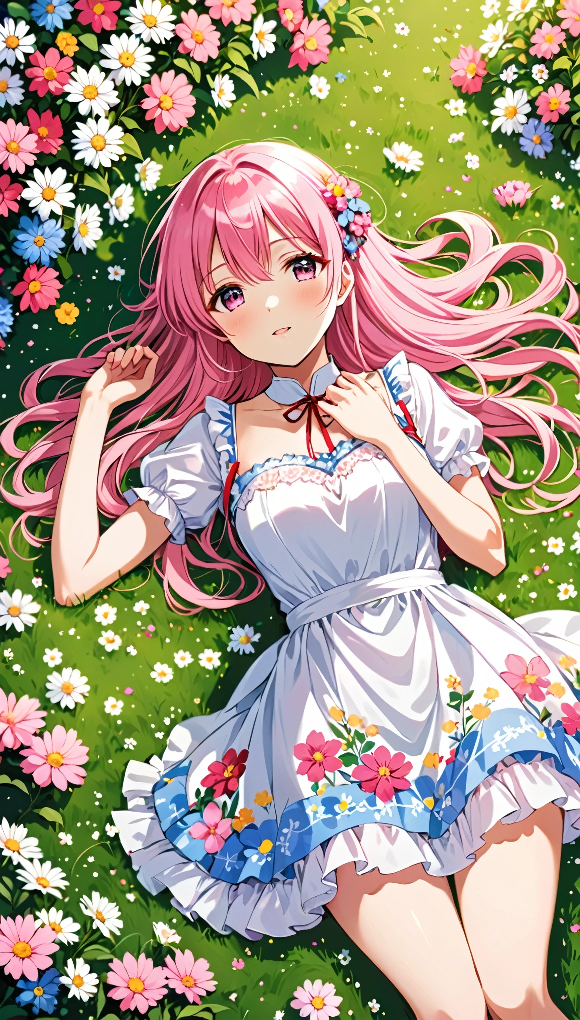 An anime girl lying on the grass,Wearing a dress,Colorful flowers blooming around,Pink hair。